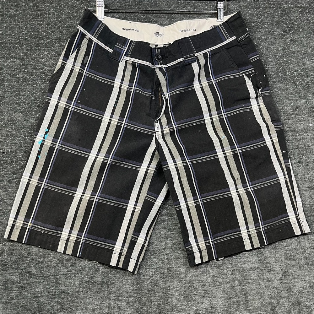 Dickies Regular Fit Shorts Mens 35 Black Plaid Good Paint Splatter Utility